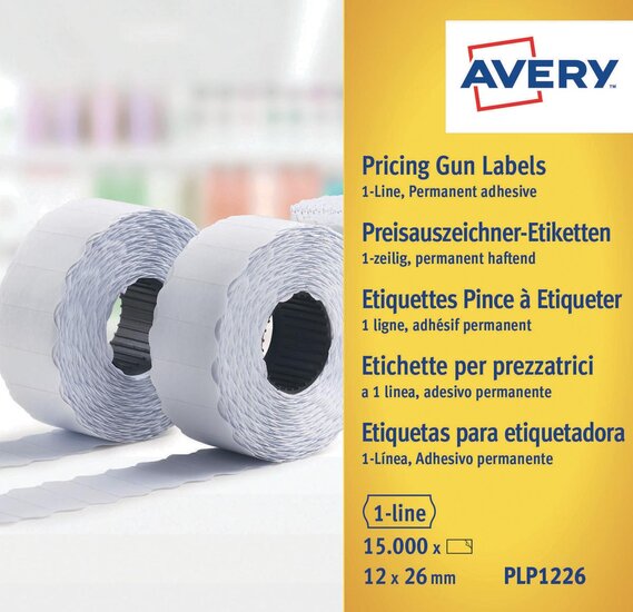 Avery PLP1226 etiketten voor prijstang permanent, ft 12 x 26 mm, 15 000 etiketten, wit