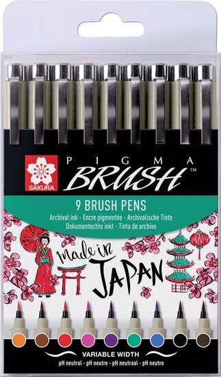 Sakura brushpen Pigma Brush, etui van 9 stuks, in geassorteerde kleuren