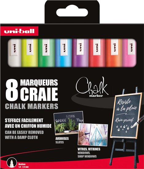 Uni-ball krijtmarker, ronde punt 1,8 - 2,5 mm, etui van 8 stuks, assorti