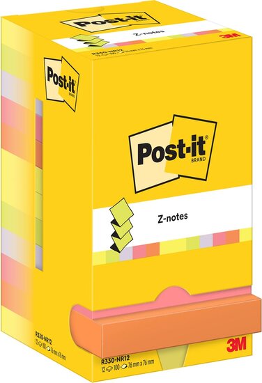 Post-it Z-notes, 100 vel, ft 76 x 76 mm, pak van 12 blokken, assorti neonkleuren