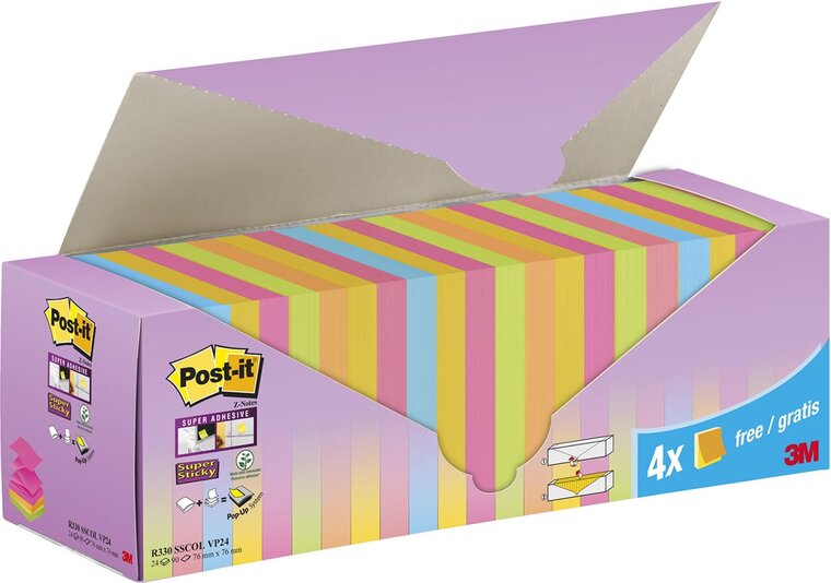 Post-it Super Sticky Z-Notes assorti, 90 vel, ft 76 x 76 mm, 20 + 4 GRATIS