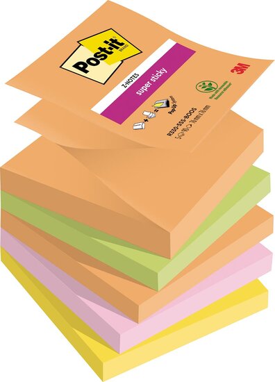 Post-it Super Sticky Z-notes Boost, 90 vel, ft 76 x 76 mm, geassorteerde kleuren, pak van 5 blokken