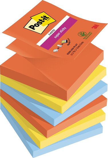 Post-it Super Sticky Z-notes Playful, 90 vel, ft 76 x 76 mm, geassorteerde kleuren, pak van 6 blokken