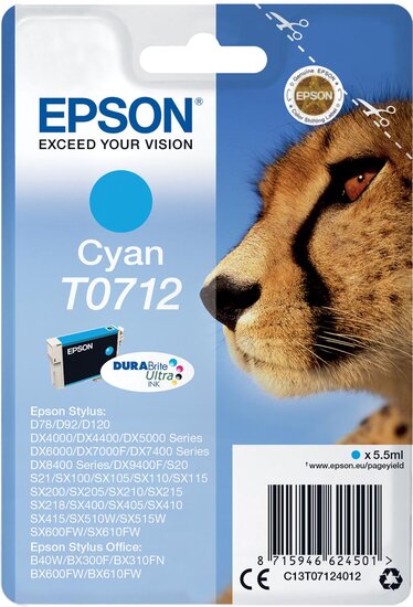 Epson inktcartridge T0712, 345 pagina&#039;s, OEM C13T07124012, cyaan