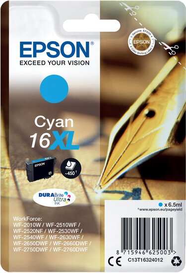 Epson inktcartridge 16XL, 450 pagina&#039;s, OEM C13T16324012, cyaan