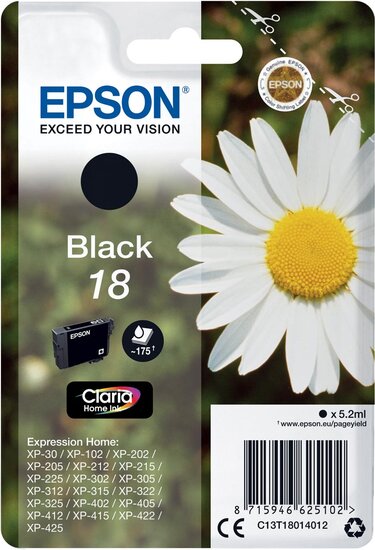 Epson inktcartridge 18, 175 pagina&#039;s, OEM C13T18014012, zwart