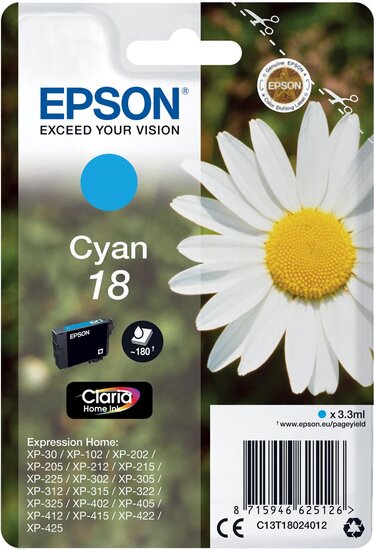 Epson inktcartridge 18, 180 pagina&#039;s, OEM C13T18024012, cyaan