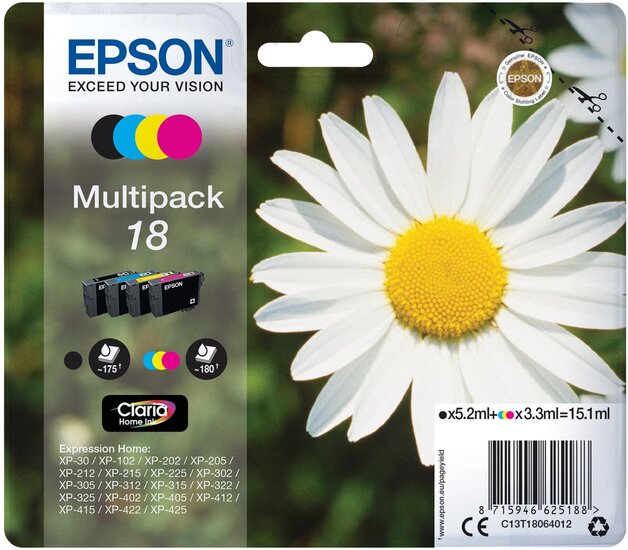 Epson inktcartridge 18, 175 pagina&#039;s, OEM C13T18064012, 4 kleuren