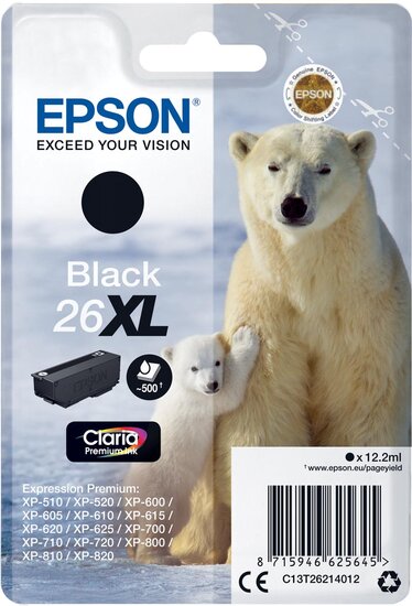 Epson inktcartridge 26XL, 500 pagina&#039;s, OEM C13T26214012, zwart