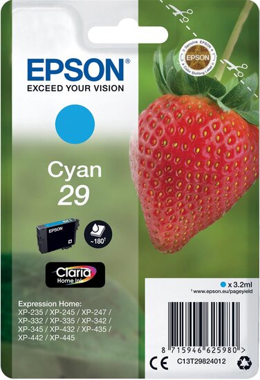 Epson inktcartridge 29, 180 pagina&#039;s, OEM C13T29824012, cyaan