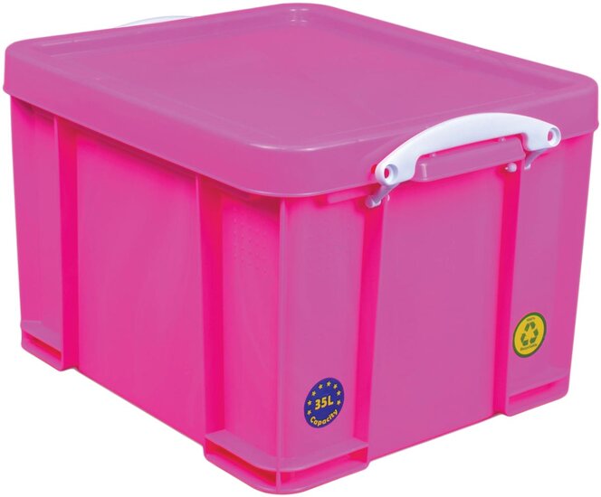 Really Useful Box opbergdoos 35 liter, neonroze met witte handvaten