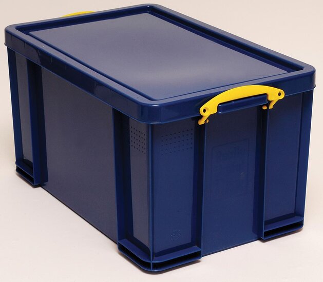 Really Useful Box opbergdoos 84 liter, donkerblauw met gele handvaten