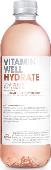 Vitamin Well vitaminewater Rhubarb &amp; Strawberry, flesje van 0,5 L, pak van 12