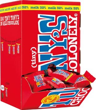 Tony&#039;s Chocolonely mini chocoladereep, 900g, doos van 100 stuks apart verpakt, melk