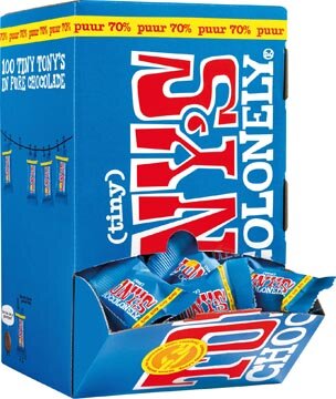 Tony&#039;s Chocolonely mini chocoladereep, 900g, doos van 100 stuks apart verpakt, puur