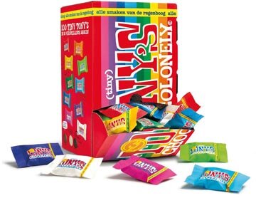 Tony&#039;s Chocolonely mini chocoladereep, 900g, doos van 100 stuks apart verpakt, mix