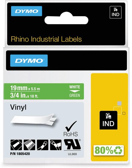 Dymo RHINO vinyltape 19 mm, wit op groen