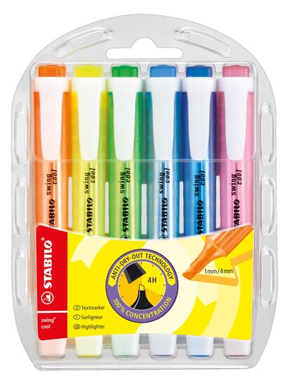 Stabilo markeerstift Swing Cool, blister van 6 stuks in geassorteerde kleuren