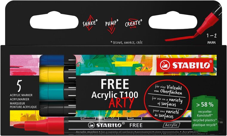 STABILO free acrylmarker T100 Royal, ronde punt, 1-2 mm,  geassorteerde kleuren, pak van 5 stuks