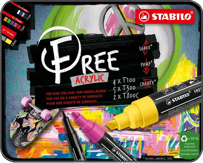 STABILO free acrylmarker, starter kit, pak van 11 stuks