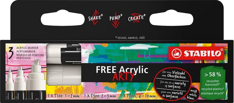 STABILO free acrylmarker,  verschillende formaten, wit, pak van 3 stuks