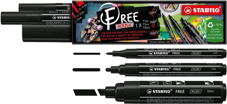 STABILO free acrylmarker, verschillende formaten, zwart, pak van 3 stuks