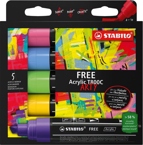 STABILO free acrylmarker T800 Seaside, schuine punt, 4-10 mm, geassorteerde kleuren, pak van 5 stuks