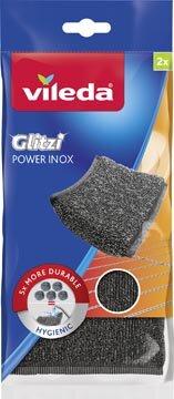 Vileda Glitzi Power inox schuurspons, ft 10 x 10 x 1,2 cm, pak van 2 stuks