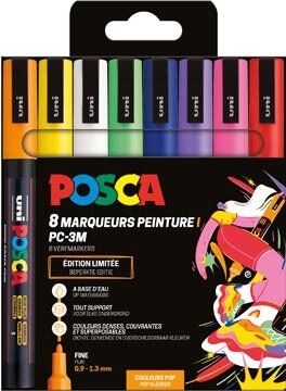 Uni POSCA paintmarker PC-3M, 1,5 mm, etui van 8 stuks in geassorteerde Pop kleuren