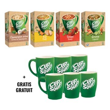 Actie Cup a Soup 1x champignon crouton, 1x kip, 1x tomaat crouton, 1x groenten crouton + GRATIS mokken
