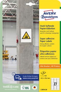 Avery sterk klevende papieren etiketten ft 63,5 x 29,6 mm, pak van 540 etiketten