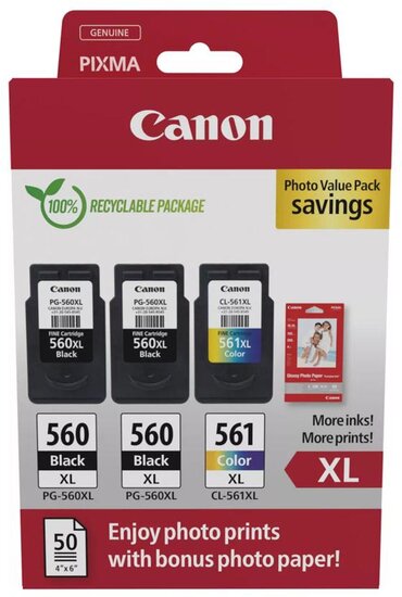Canon photo value pack 2 x PG-560XL + 1 x CL-561XL, 300 - 400 pagina's, OEM 3712C012, 4 kleuren