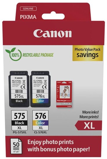 Canon photo value pack 1 x PG-575XL + 1 x CL-576XL, 300 - 400 pagina's, OEM 5437C006, 4 kleuren