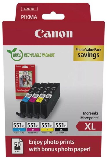 Canon photo value pack CLI-551XL, 660 pagina&#039;s, OEM 6443B008, 4 kleuren