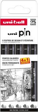 Uni Pin fineliner, gekalibreerde punten, zwart, 0,2-0,4-0,6-0,8-1,0 mm, blister van 4 + 1 gratis
