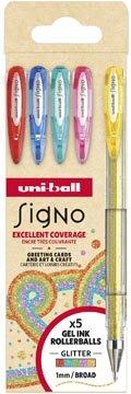 Uni-ball roller Signo Glitter, brede punt, geassorteerde kleuren, etui van 5 stuks