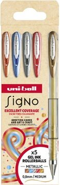 Uni-ball roller Signo Metallic, medium punt, geassorteerde kleuren, etui van 5 stuks