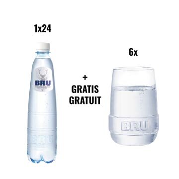 ACTIE BRU: 1 x lichtsprankelend water, 50 cl, pak van 24 stuks (ref. 05180) + 1 x GRATIS glas, set van 6