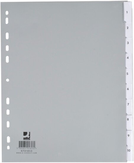 Q-CONNECT tabbladen, A4, PP, 11-gaatsperforatie, 10 tabs, grijs