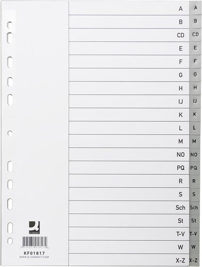 Q-CONNECT tabbladen, A4, PP, 11-gaatsperforatie, met indexblad, set van A-Z, 20 tabs, grijs