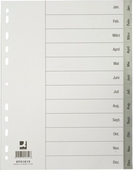 Q-CONNECT tabbladen, A4, PP, 11-gaatsperforatie, met indexblad, set van Jan-Dec, grijs