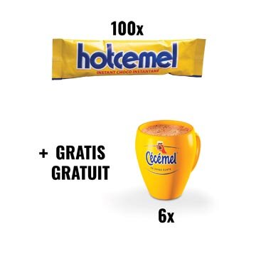 Actie Hotcemel: 1 x Hotcemel chocoladepoeder, 30g, pak van 100 (Ref. 46820) + GRATIS 1 x pak van 6 tassen