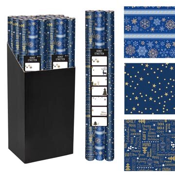 Geschenkpapier Kerst, 70 cm x 2 m, blauw, pak van 3 stuks