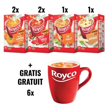 ACTIE ROYCO: 2 x pompoen, 2 x tomaat balletjes, 1 x kip, 1 x asperges + 1 x 6 tassen GRATIS