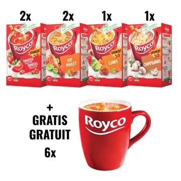 ACTIE ROYCO: 2 x tomaat balletjes, 2 x kip, 1 x curry, 1 x champignons + 1 x 6 tassen GRATIS