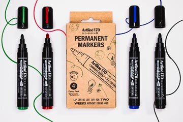 Artline permanent marker Drysafe 170 Eco-Green, 2 mm, ronde punt, assortie, blister van 4 stuks