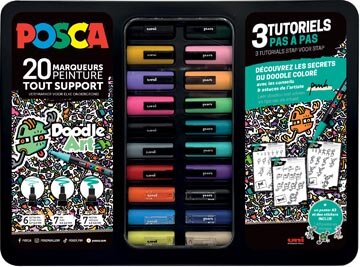 Uni Posca paintmarker Doodle Art, verschillende punten, metalen koffer van 20 stuks