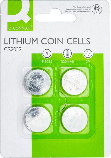 Q-CONNECT knoopcel, lithium, CR2032, blister van 4 stuks
