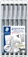 Staedtler pigment liner fineliner, ronde punt, verschillende schrijfbreedtes, etui van 4 + 2, zwart