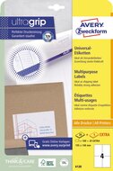 Avery Zweckform 6120, Universele etiketten, Ultragrip, wit, 25+5 vel,  4 per vel, 105 x 148 mm